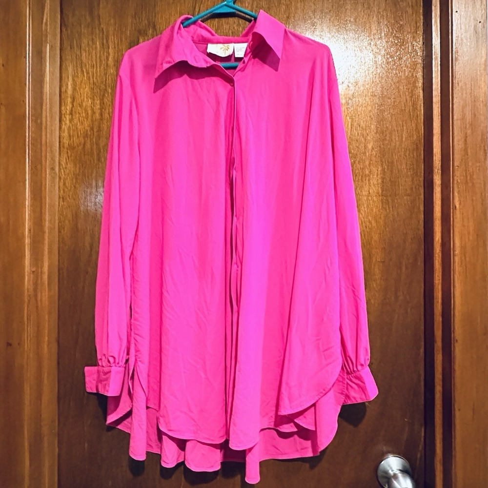 Vintage Gottex Sz Medium Hot Pink Chiffon Button Up Loose Swim Beach Cover Up